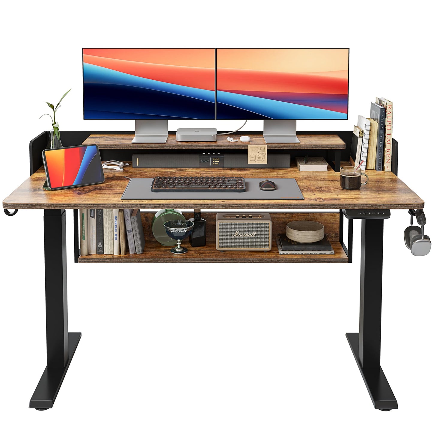 55" Electric Standing Desk with Shelves, 55 x 24 Inch with Monitor Stand and Storage