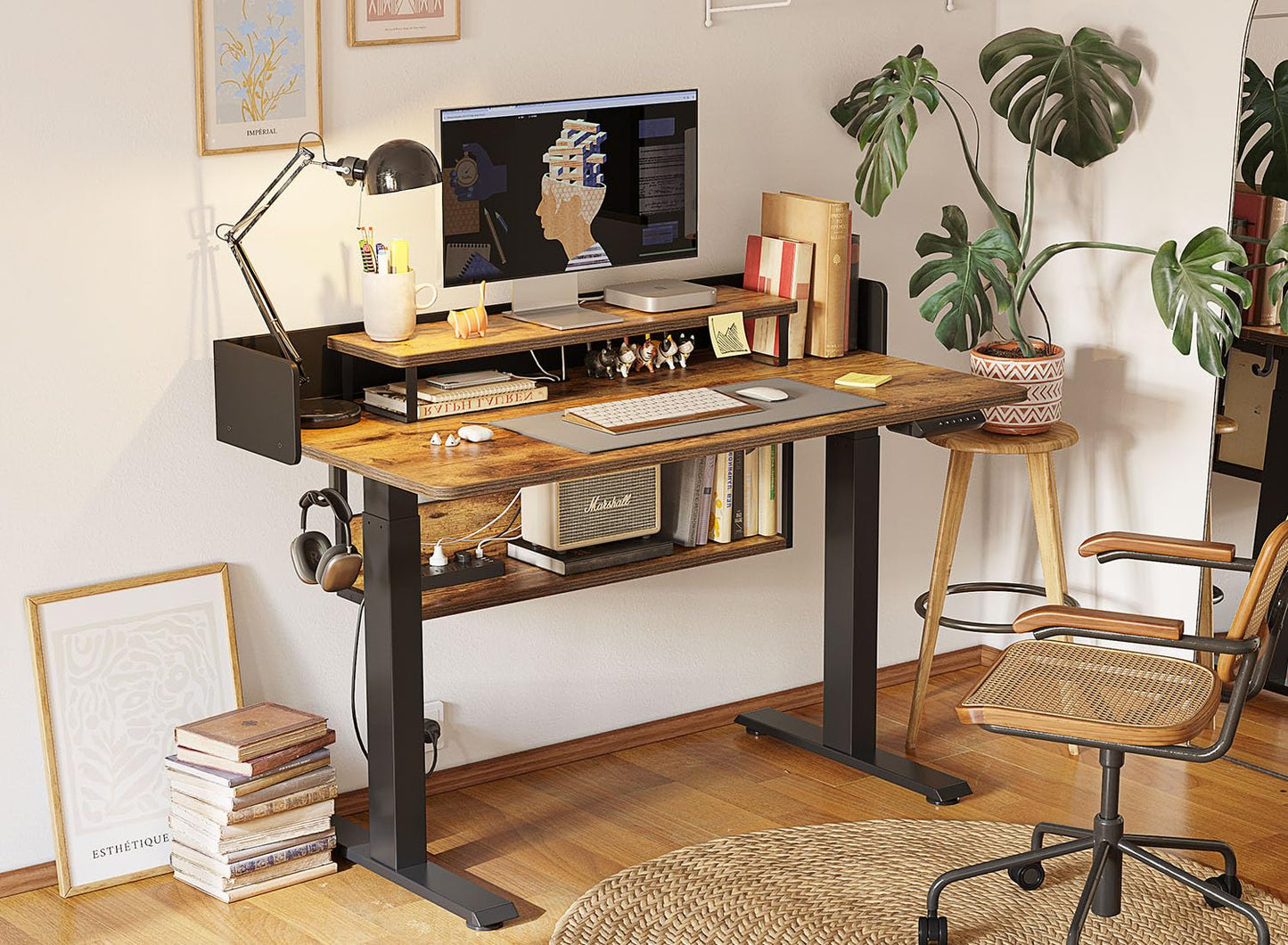 55" Electric Standing Desk with Shelves, 55 x 24 Inch with Monitor Stand and Storage